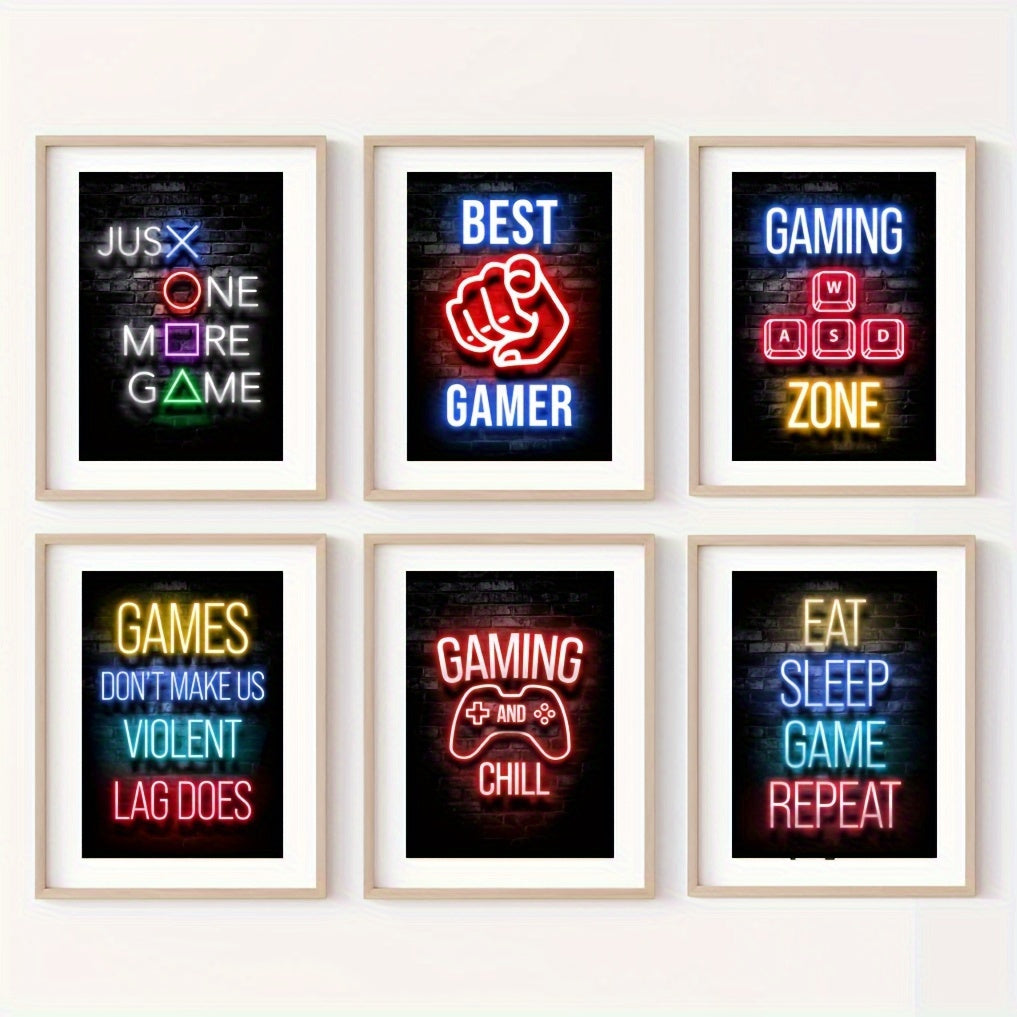 Juego de 6 posters de pared con citas de videojuegos de estilo neón moderno, tamaño A4 11.4x8.3 pulgadas, decoración para habitación