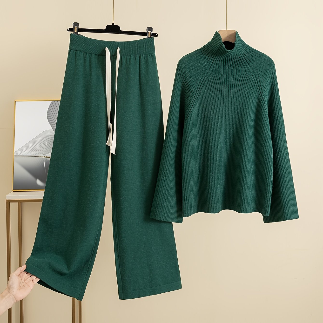 Casual Set with Wide-Leg Long Pants and High-Neck Knitted Top in Solid Viscose