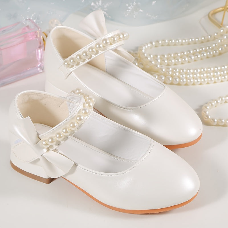 Girls' White Synthetic Pearl Embellished Dress Shoes with Bowknot and Chunky Heel