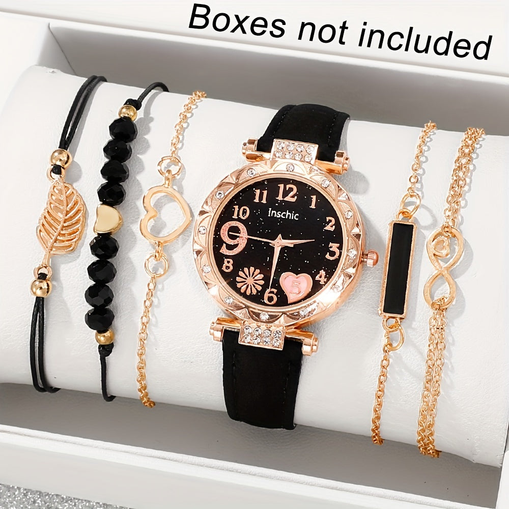 6 ta ayollar yurak dizayni kvarts soatlari to'plami, rhinestones bilan bezatilgan charm taqilgan va bilaguzuklar bilan
