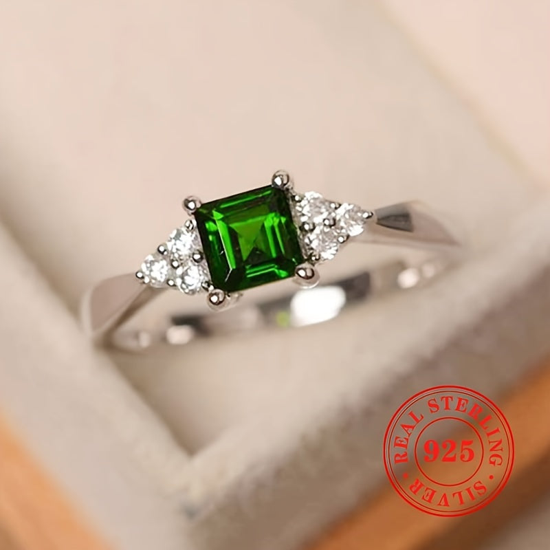Sterling Silver Ring with Square Synthetic Emerald 0.08oz for Women Engagement Gift