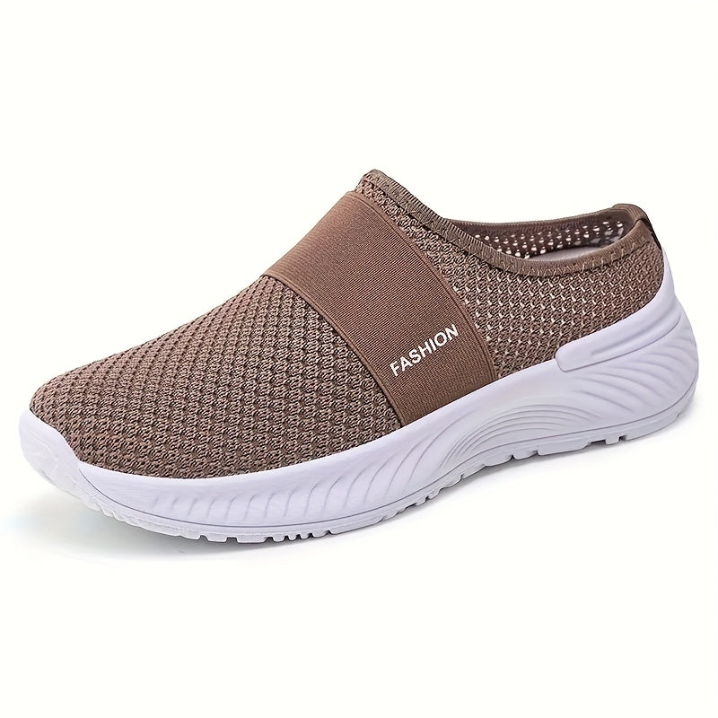 Ayollar uchun kundalik slip-on sport poyabzali, nafas oluvchi tarmoq, bej va oq, yozgi poyabzal