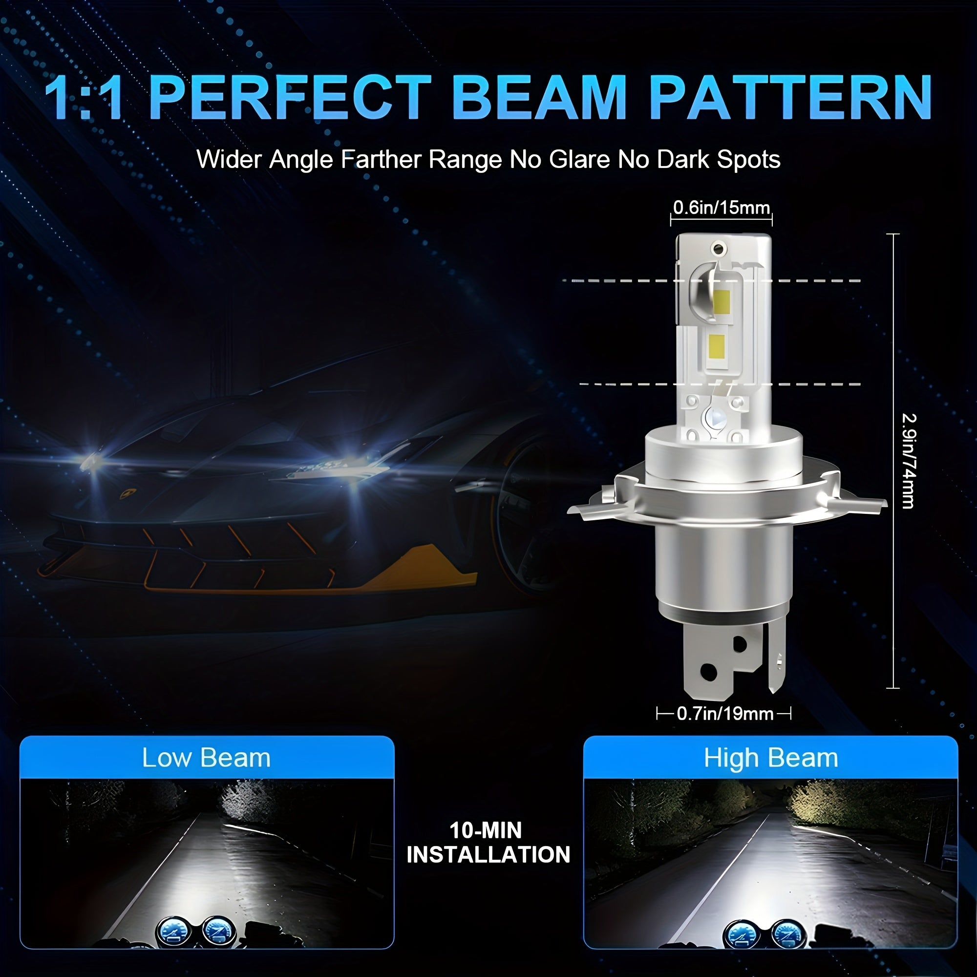 2 Pcs H4 LED Headlight Bulbs Car Motorcycle White Bright 8000 Lumens 6000K