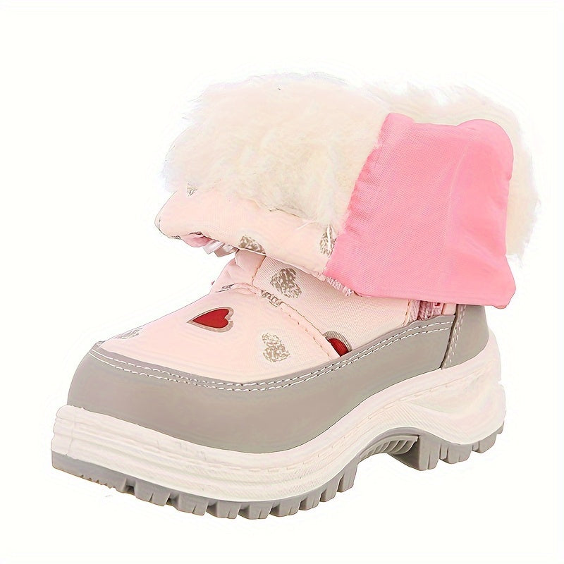 Girls Winter Snow Boots Pink Heart Pattern Fur-Lined Zipper Anti-Slip TPR Sole
