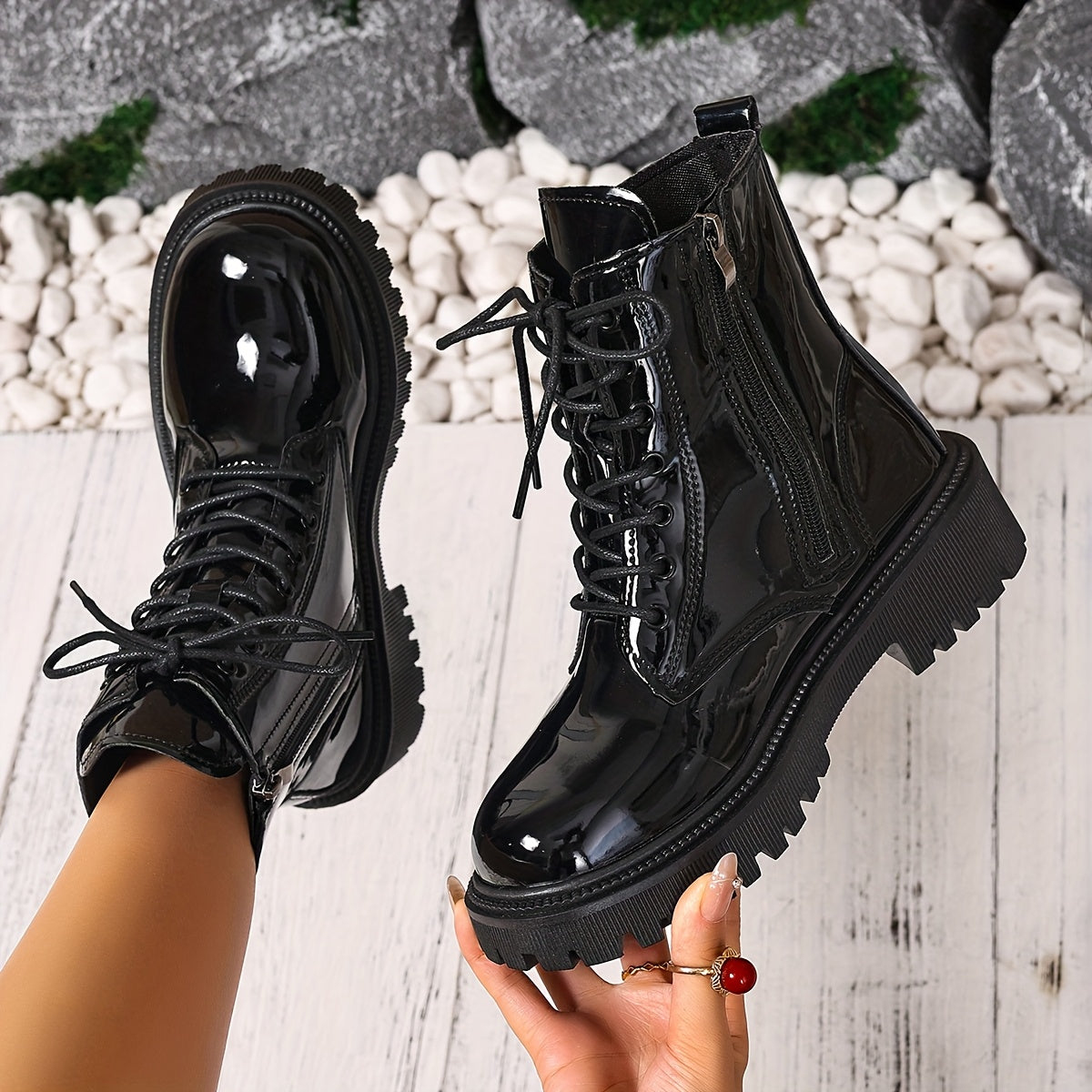 Women's Black Faux Leather Ankle Boots With Lace-Up Mid-Heel Non-Slip Sole