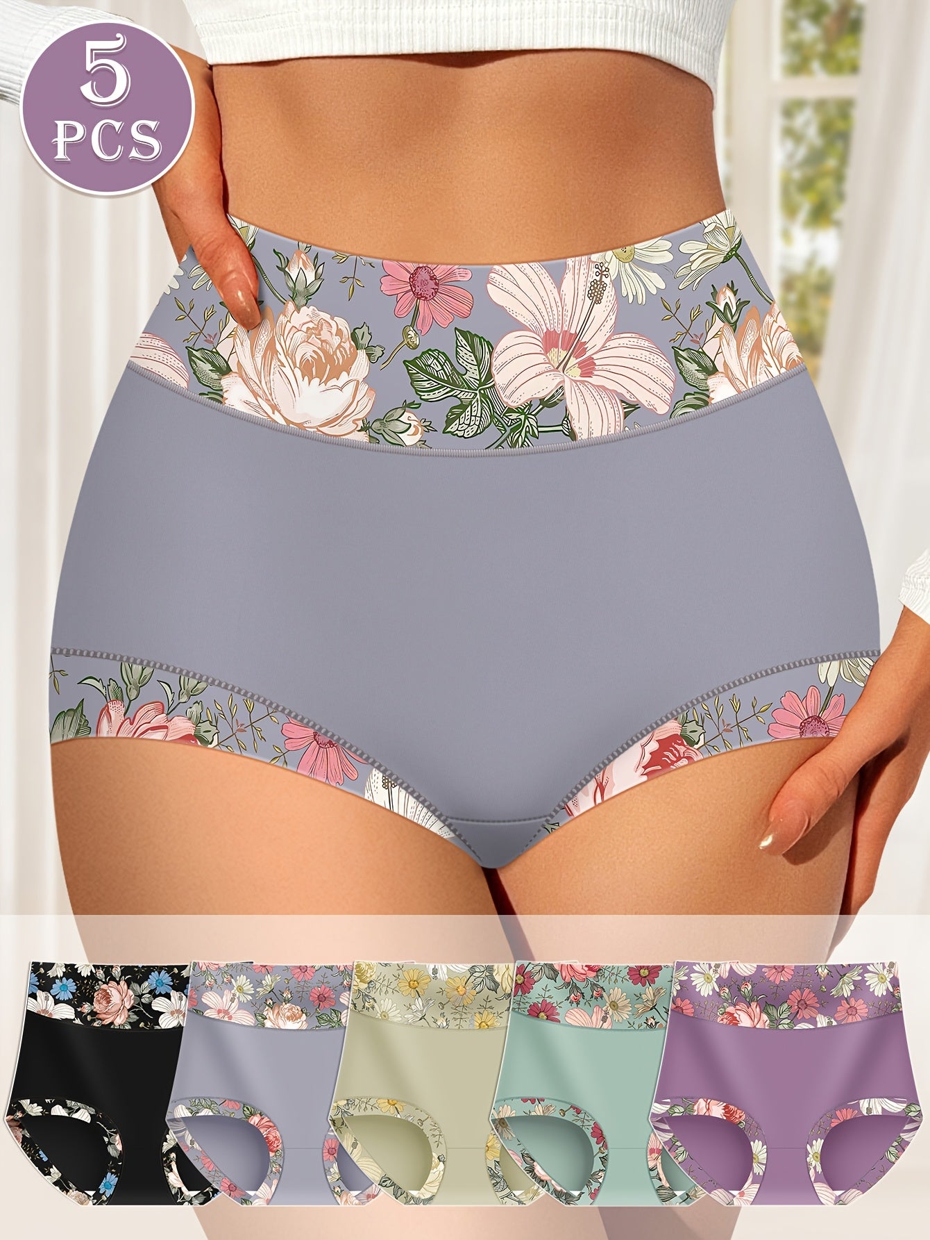 Pack de 5 braguitas florales de cintura alta para mujer, control de abdomen, levantador de glúteos, estiramiento medio