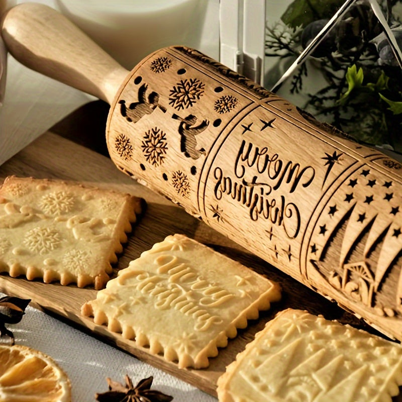 Wooden Embossing Rolling Pin for Christmas Cookies and Holiday Baking