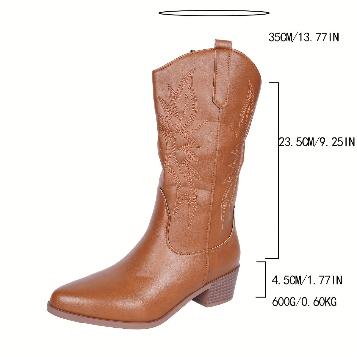 Women's Western Cowboy Boots Slip-On Pointed Toe Mid-Calf Brown Faux Leather Festival Shoes