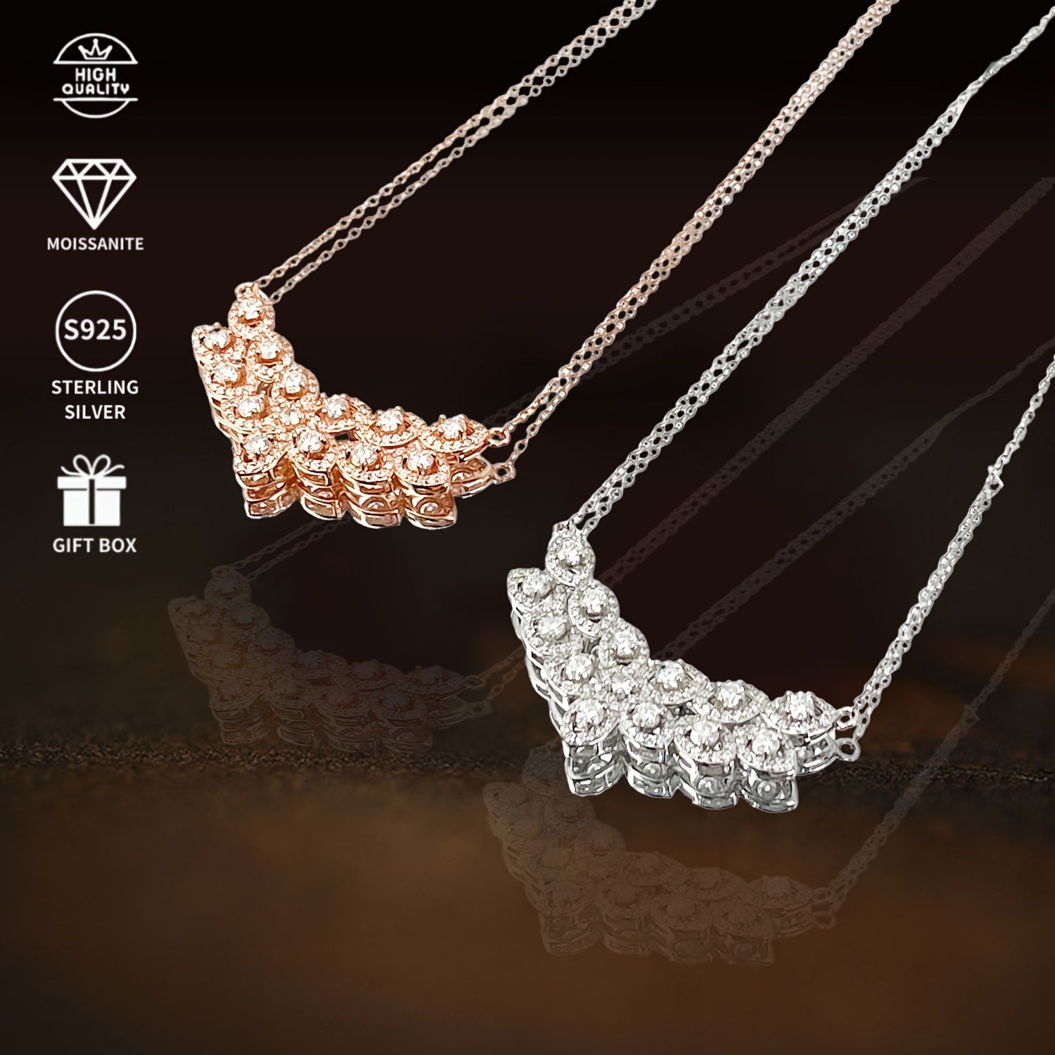 Sterling Silver Moissanite Necklace with Double Row of 13 Stones 0.1 Carats