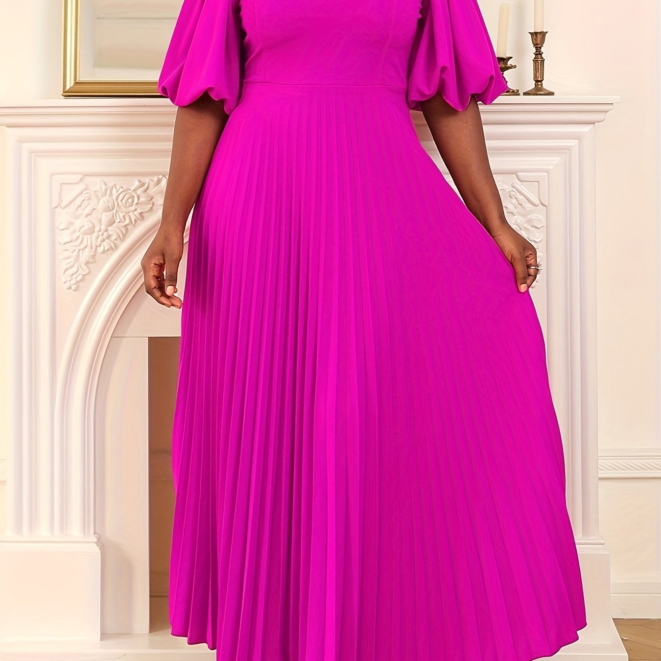 Women's Purple Party Dress with Lantern Sleeves and Pleated Hem