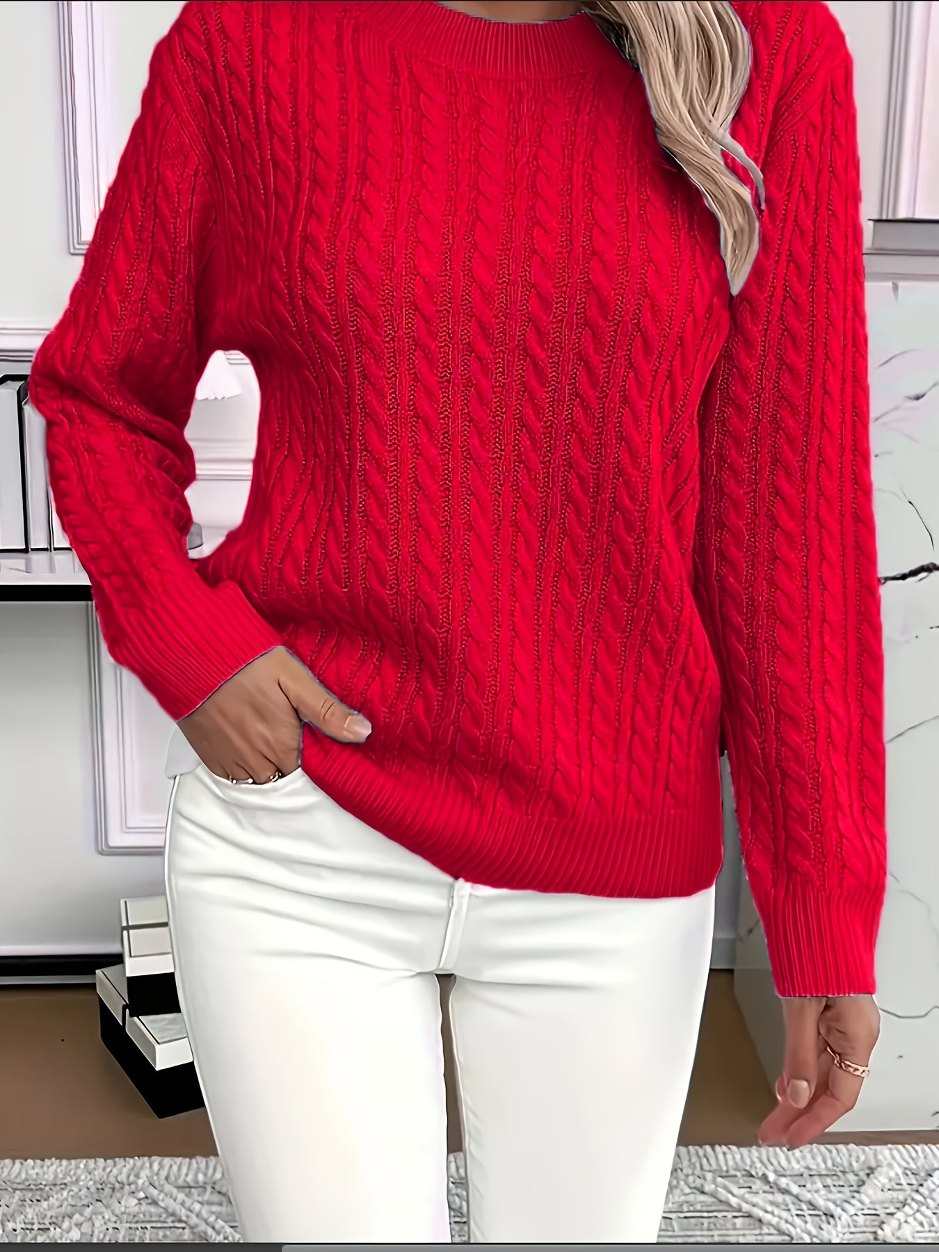 Plus Size Knit Sweater for Women Crew Neck Long Sleeve Solid Color Casual Pullover