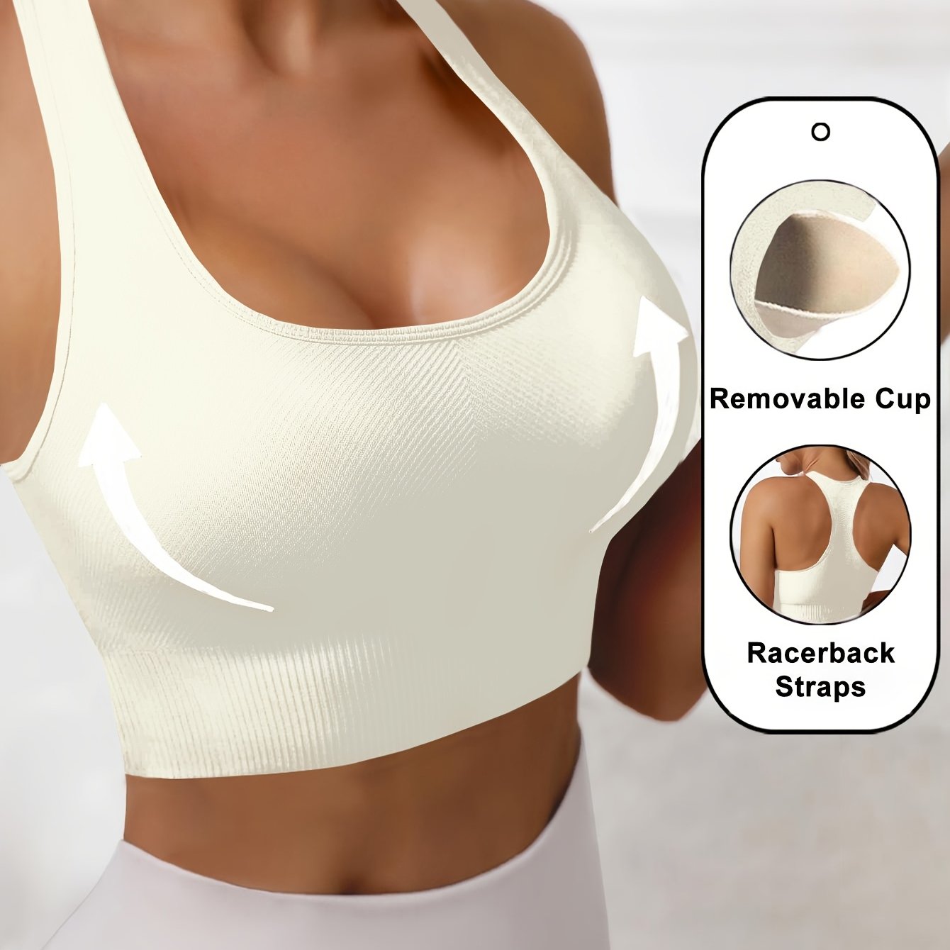 Women's Black High-Stretch Polyamide Sports Bra with Removable Cups and Racerback Support
