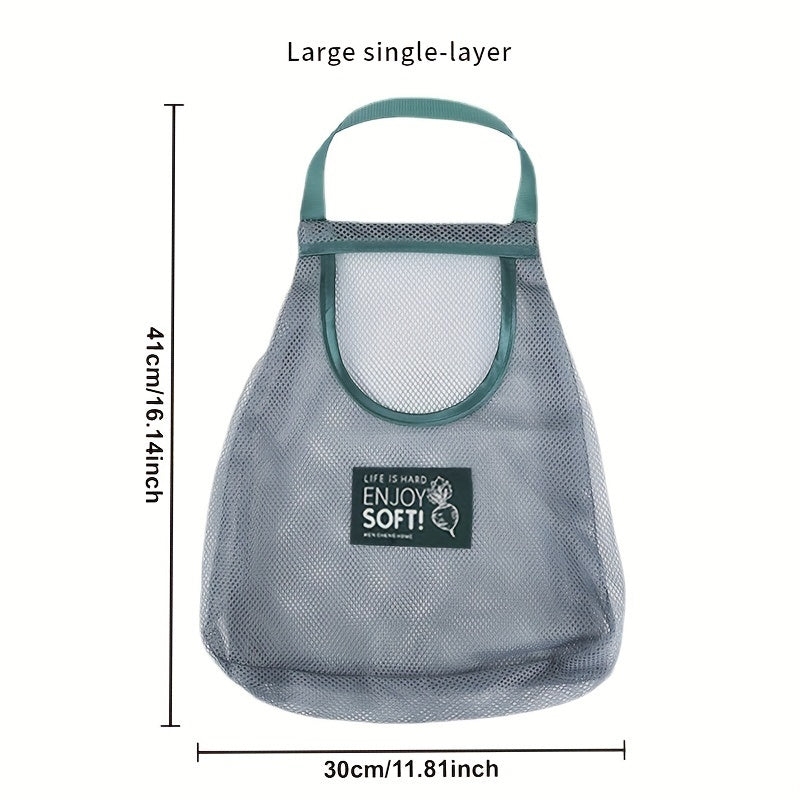 Gray Mesh Kitchen Storage Bag with Green Handles Wall Organizer for Vegetables