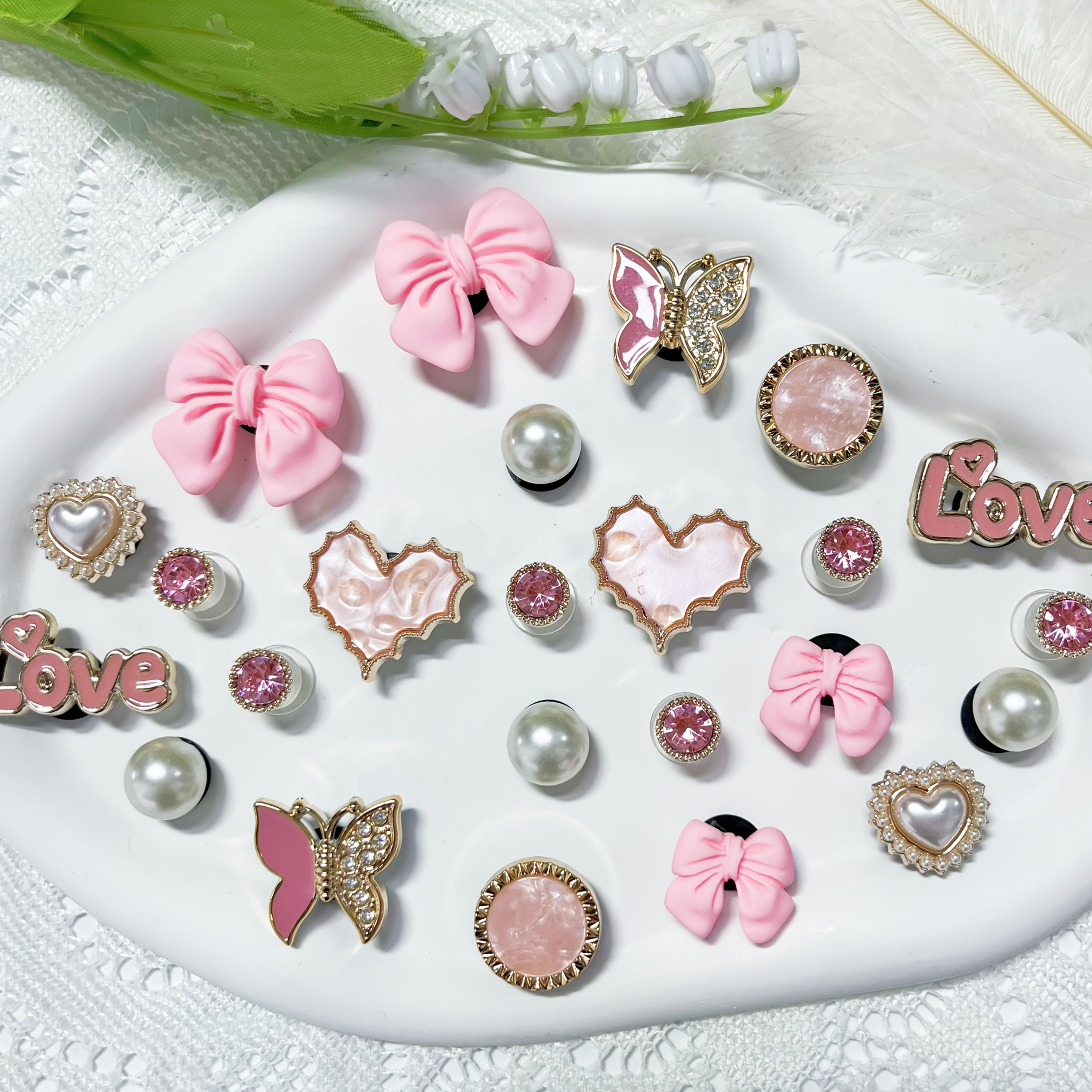 Pink Heart and Bow Shoe Charms Set with Rhinestones for Women’s Sandals