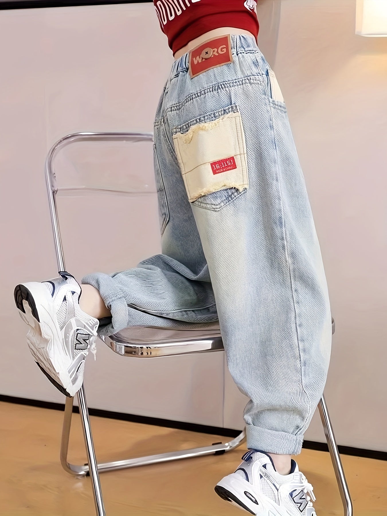 Girls' Loose Fit Wide Leg Jeans for Girls Cotton Blend Cowboy Style