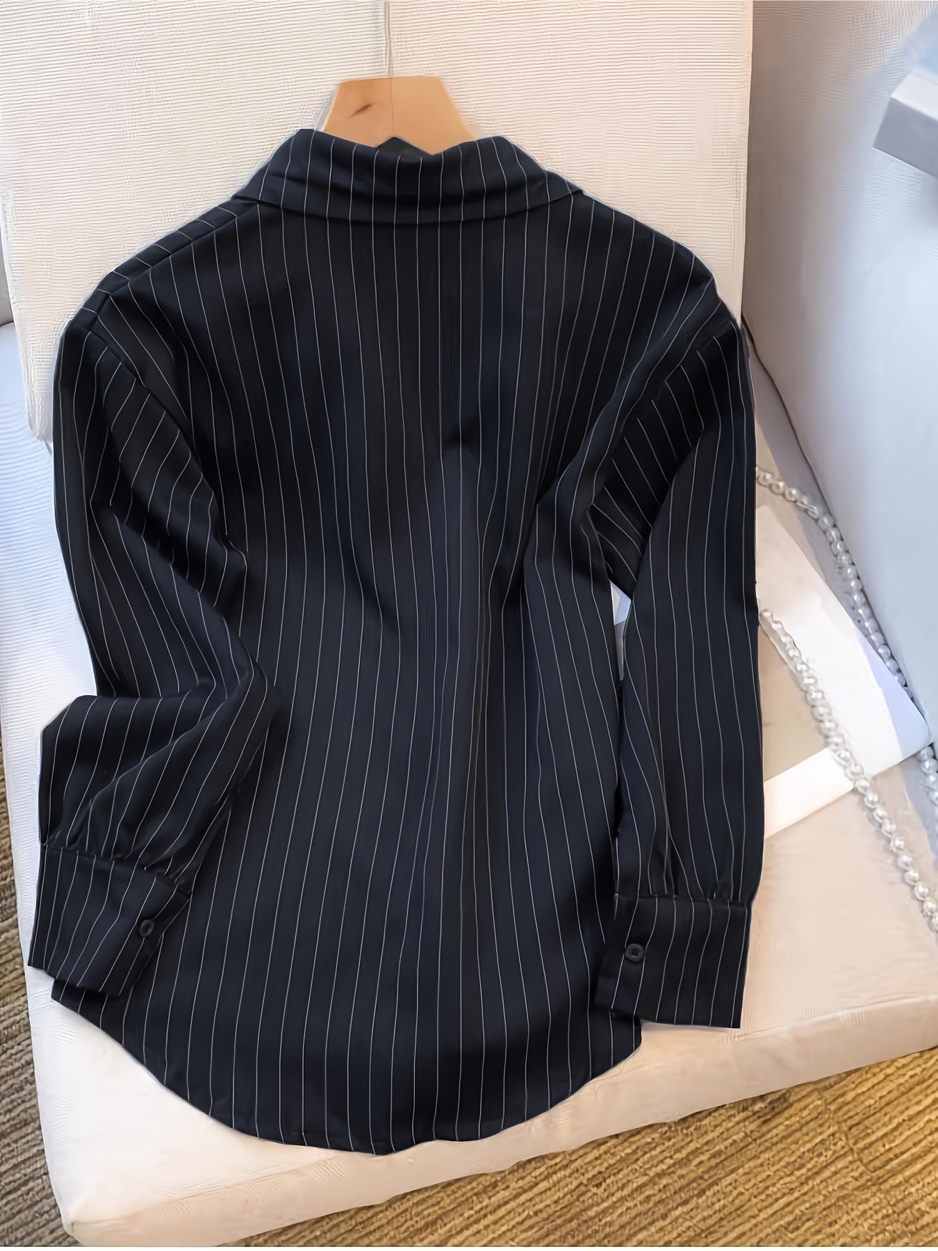 Women's Long Sleeve Striped Shirt Made from 100% Polyester with Lapel Collar and Button-Up Design