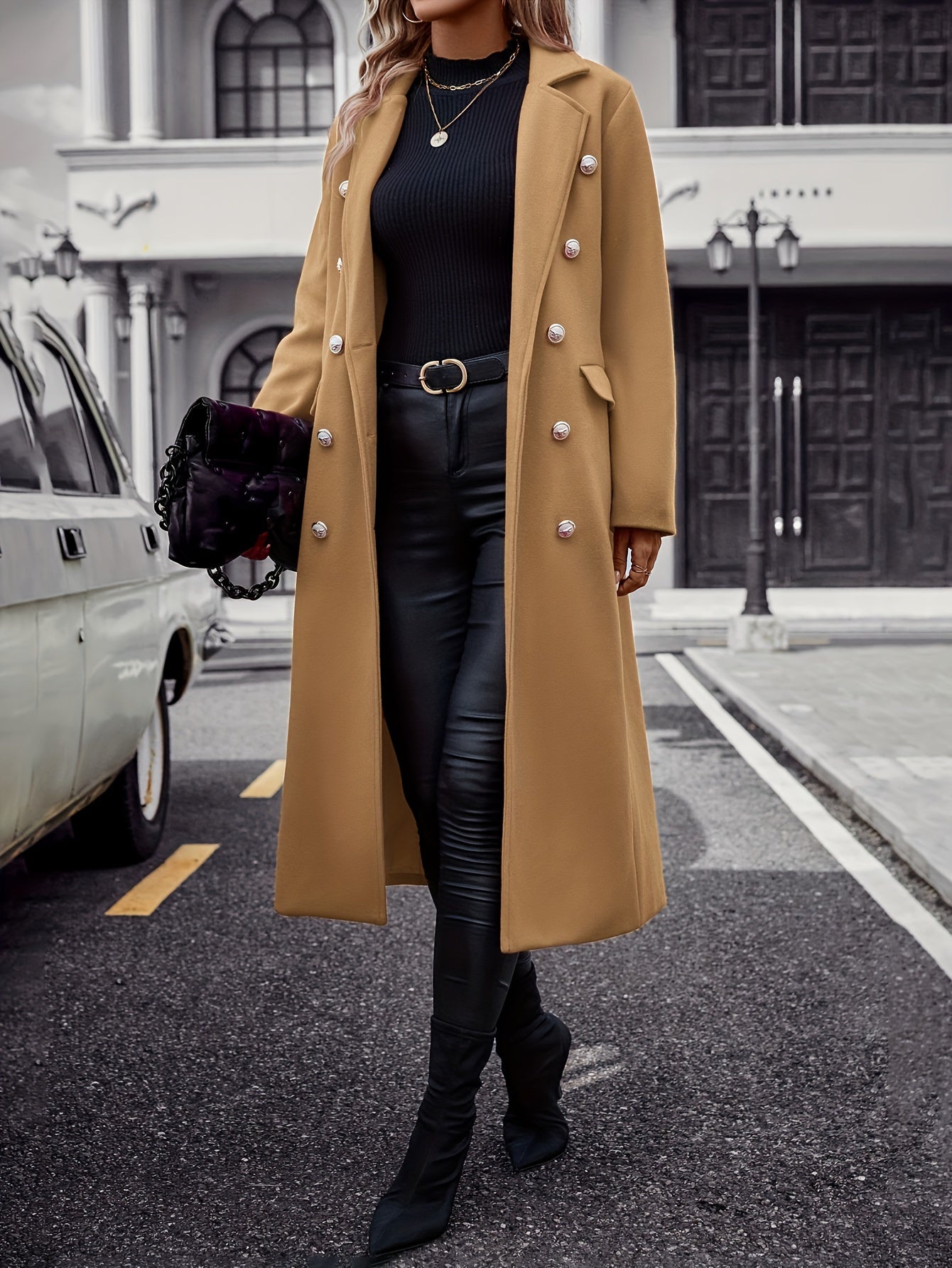 Women's Polyester Double-Breasted Coat with Lapel Long Sleeve Pockets Autumn Winter