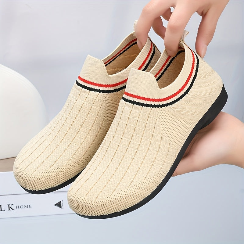 Women's Lightweight Knit Slip-On Sneakers Breathable Black Shoes with Red Gray Accents
