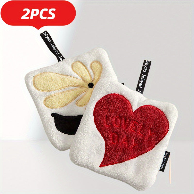 Koral Fleece qo‘l sochiq to‘plami, yurak gul naqshli, tez quriydigan, namlikni yutuvchi, oshxona va hammom uchun