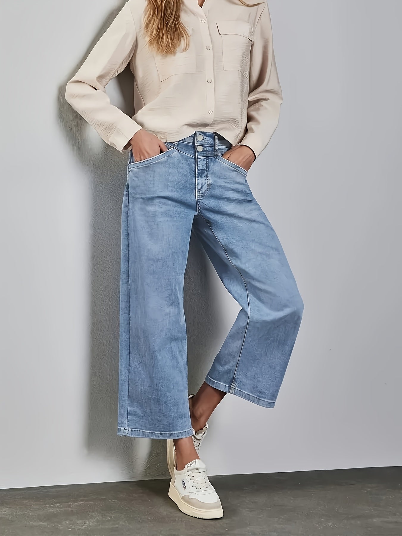 Women Plus Size High-Waist Denim Joggers Wide-Leg Casual Pants