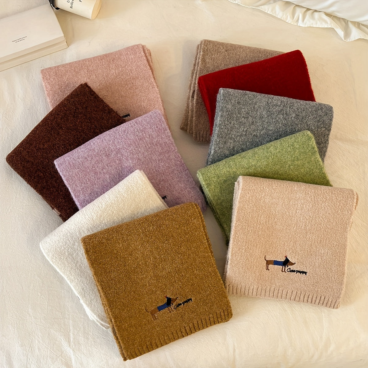 Women's Gray Wool Blend Knit Puppy Scarf Embroidered Neck Warmer Winter Windproof