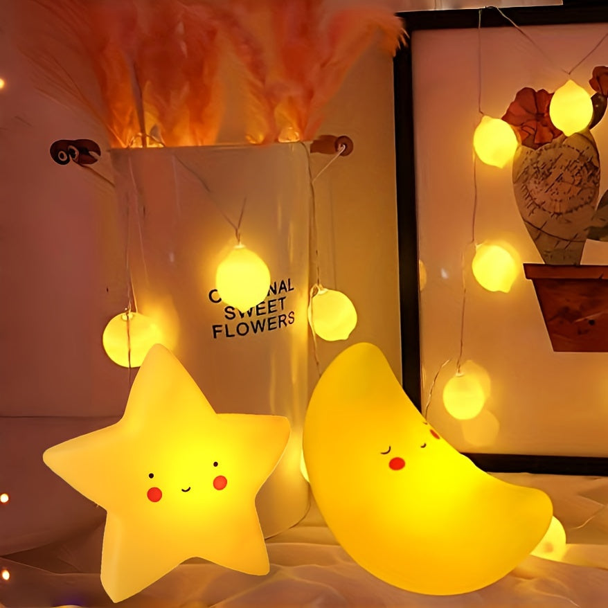 Crescent Moon and Star Night Light with Smiling Face Battery-Operated Desk Lamp for Bedroom and Gifts