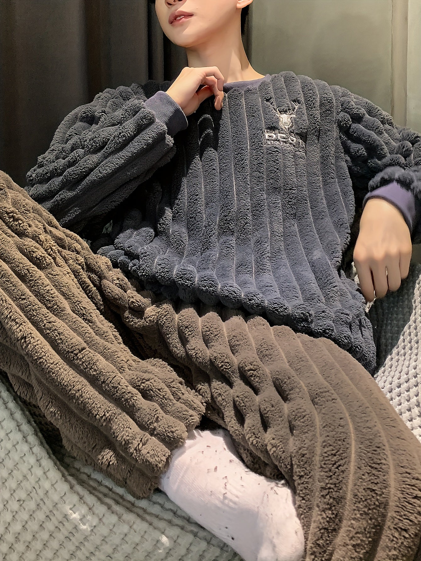 Men's Fleece Pajama Set Hooded Long Sleeve Solid Color Fall Winter Casual