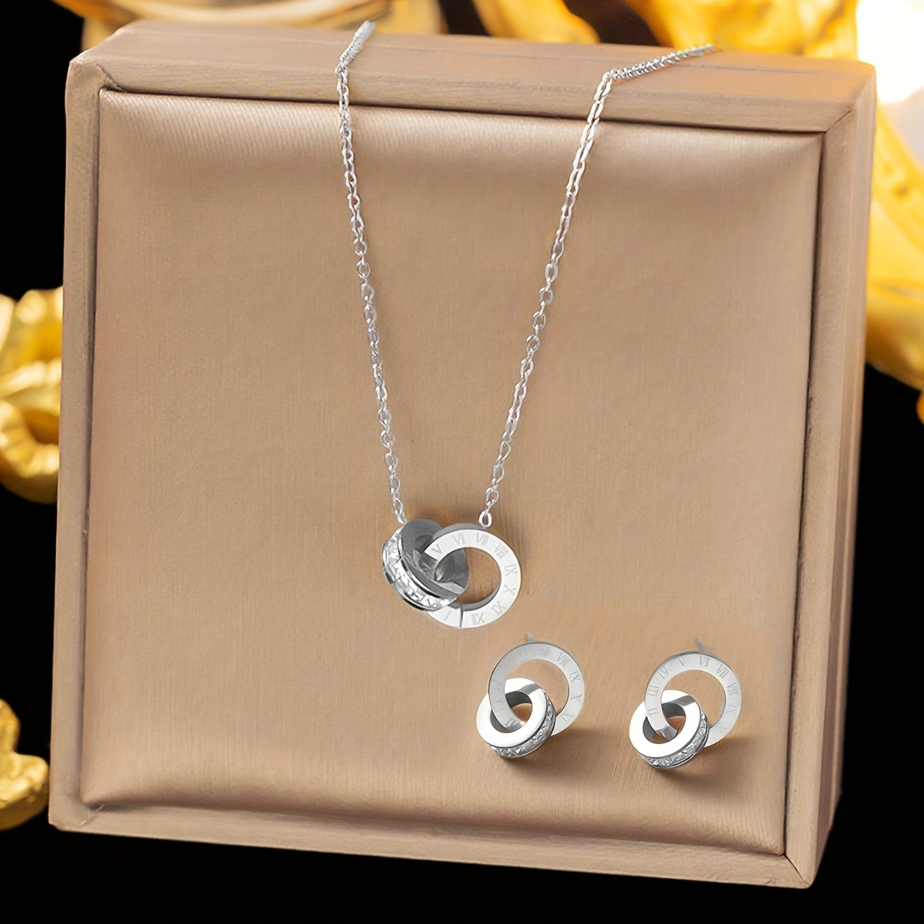 Stainless Steel Jewelry Set with Double-Loop Roman Numeral Necklace and Earrings for Women