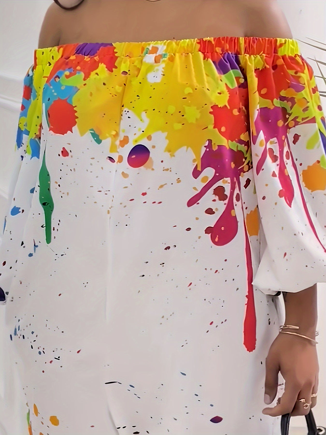 Mono corto de manga larga para mujer de talla grande con estampado de tinta salpicada y hombro descubierto ropa casual