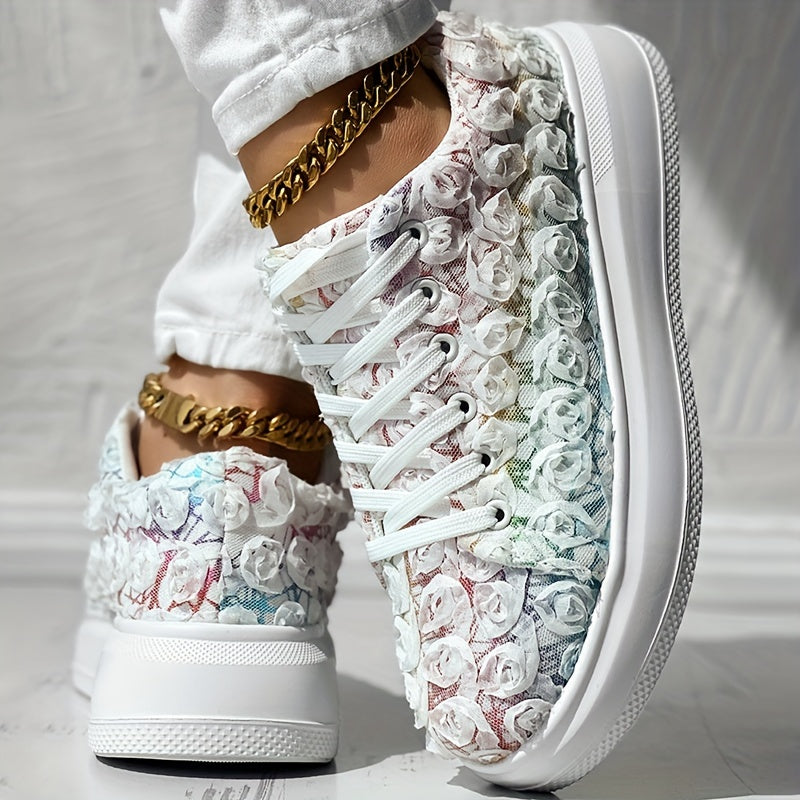 Women's Floral 3D Sneakers Lace-Up Platform Casual Shoes for Wedding