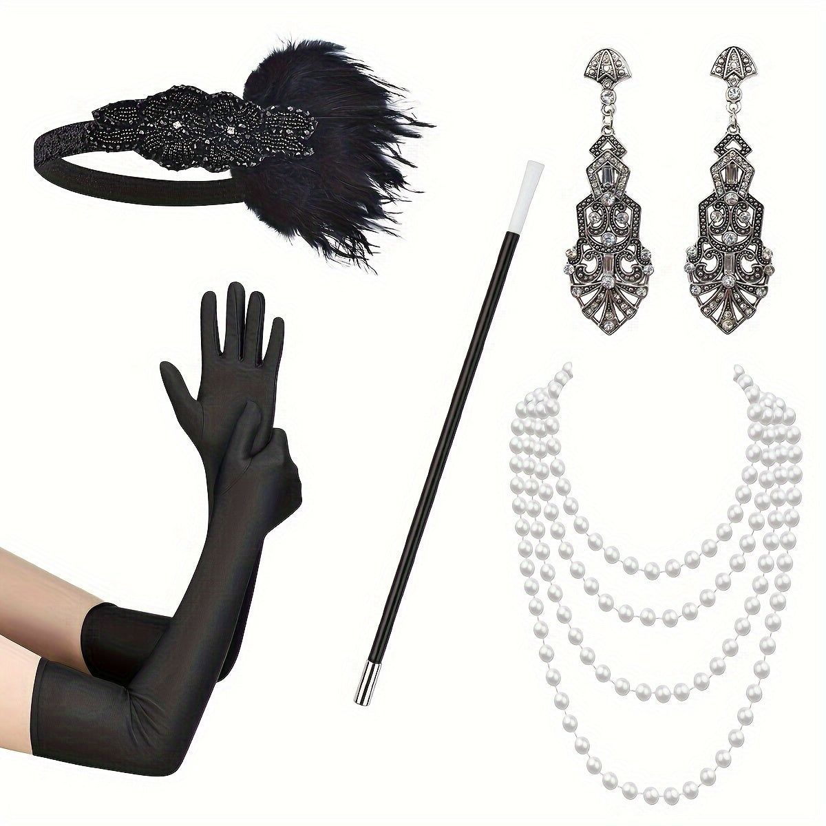 Set de accesorios de disfraces con temática Gatsby para mujeres con diadema de plumas, guantes, collar de perlas y sujetapapeles para cigarrillos