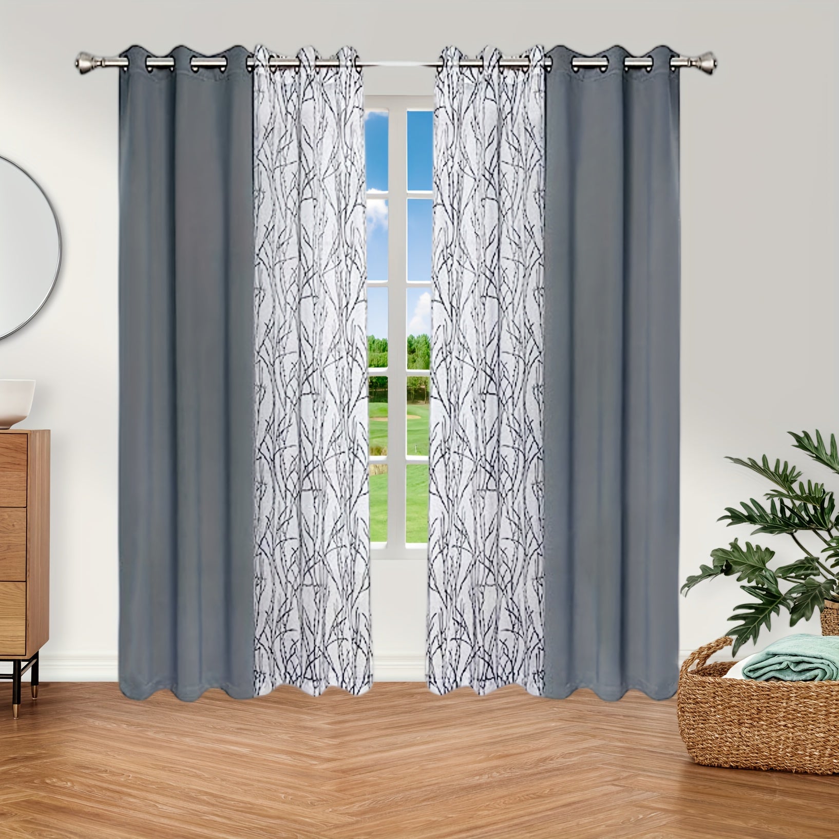 Set of 2 Bedroom Living Room Curtains Blackout Sheer Grommet 54x84 Dark Gray