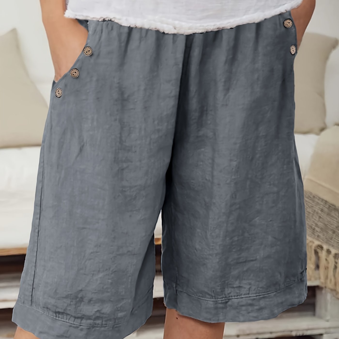 Pantalones cortos casuales de color sólido para mujer, poliéster, gris claro, ajuste relajado, verano