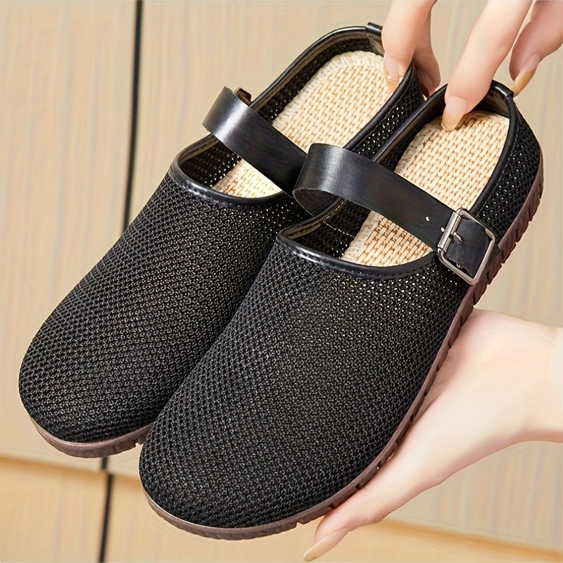 Women's Slip-On Loafers Knit Upper Soft TPR Sole Fashionable Buckle Black Beige