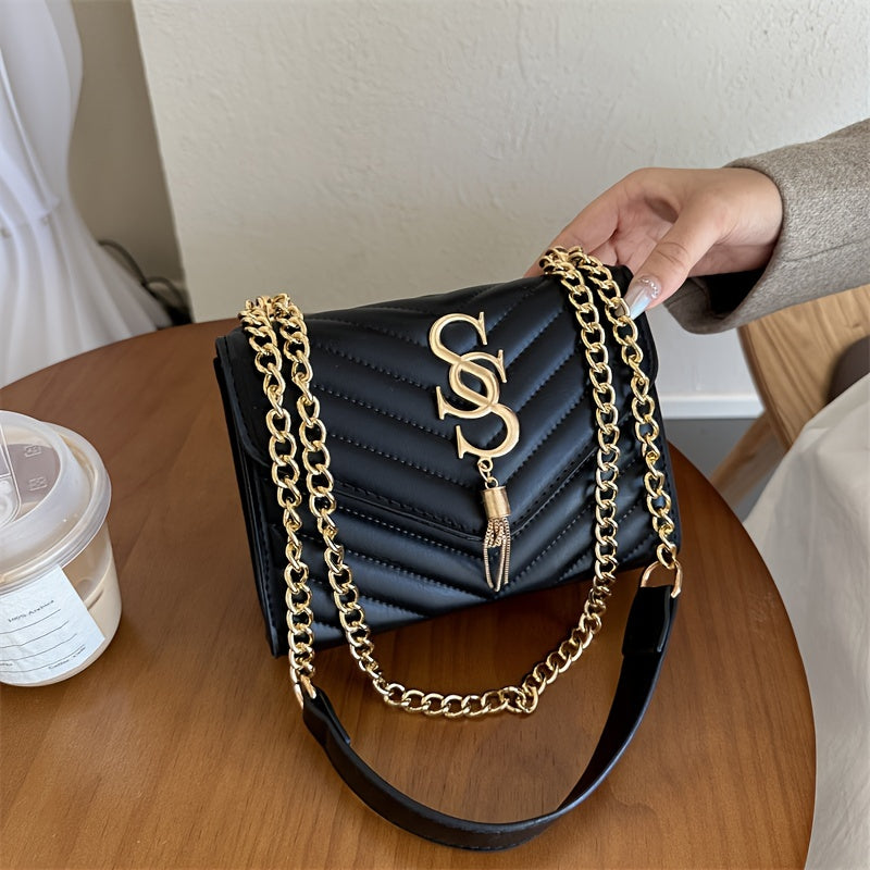 PU Chain Decorated V-Shaped Tassel Square Shoulder Bag