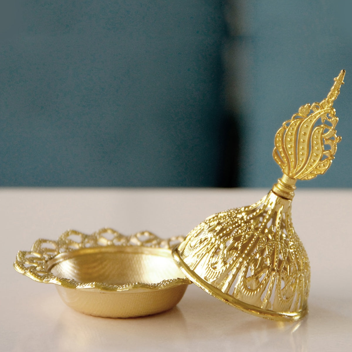 Golden Iron Incense Holder with Middle Eastern Design for Home Decor and Celebrations
