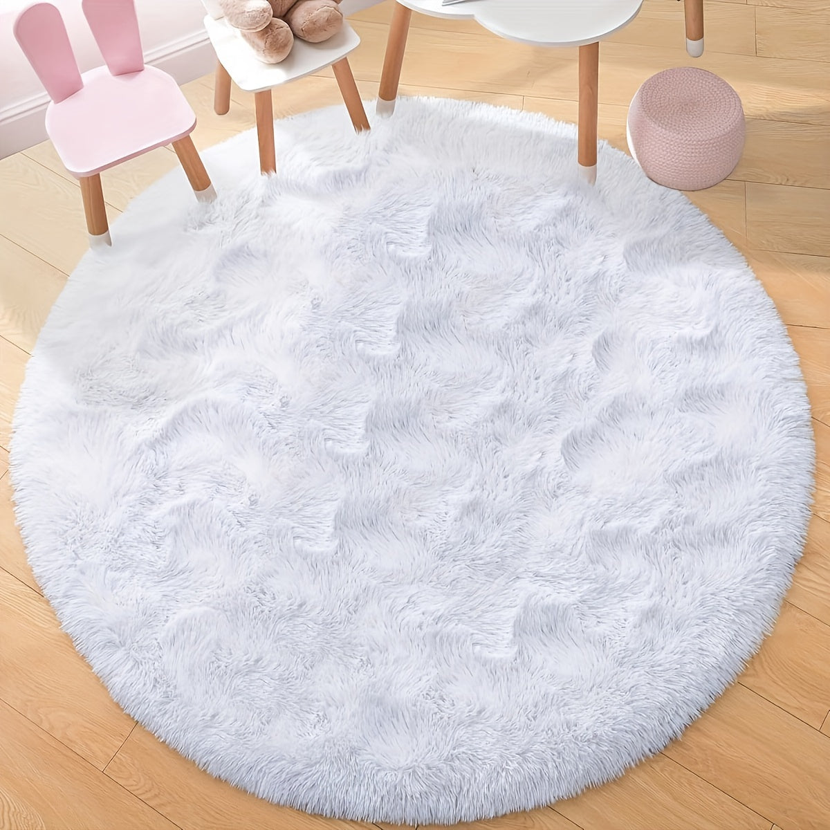 White Round Plush Area Rug Thick Durable Faux Fur Cozy Home Decor