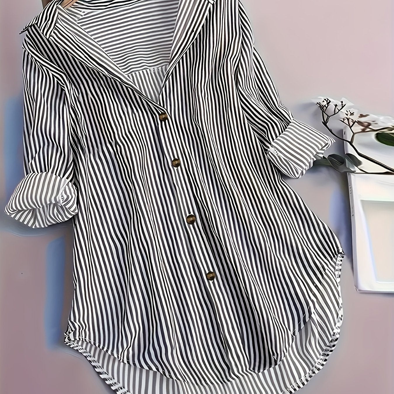 Women's Plus Size Striped Button-Up Shirt Long Sleeve Casual Blouse