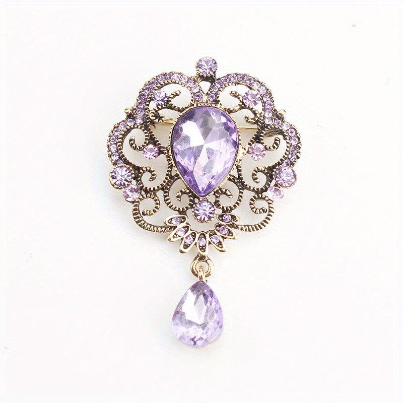 Vintage Style Brooch for Women Rhinestones Openwork Teardrop Jewelry
