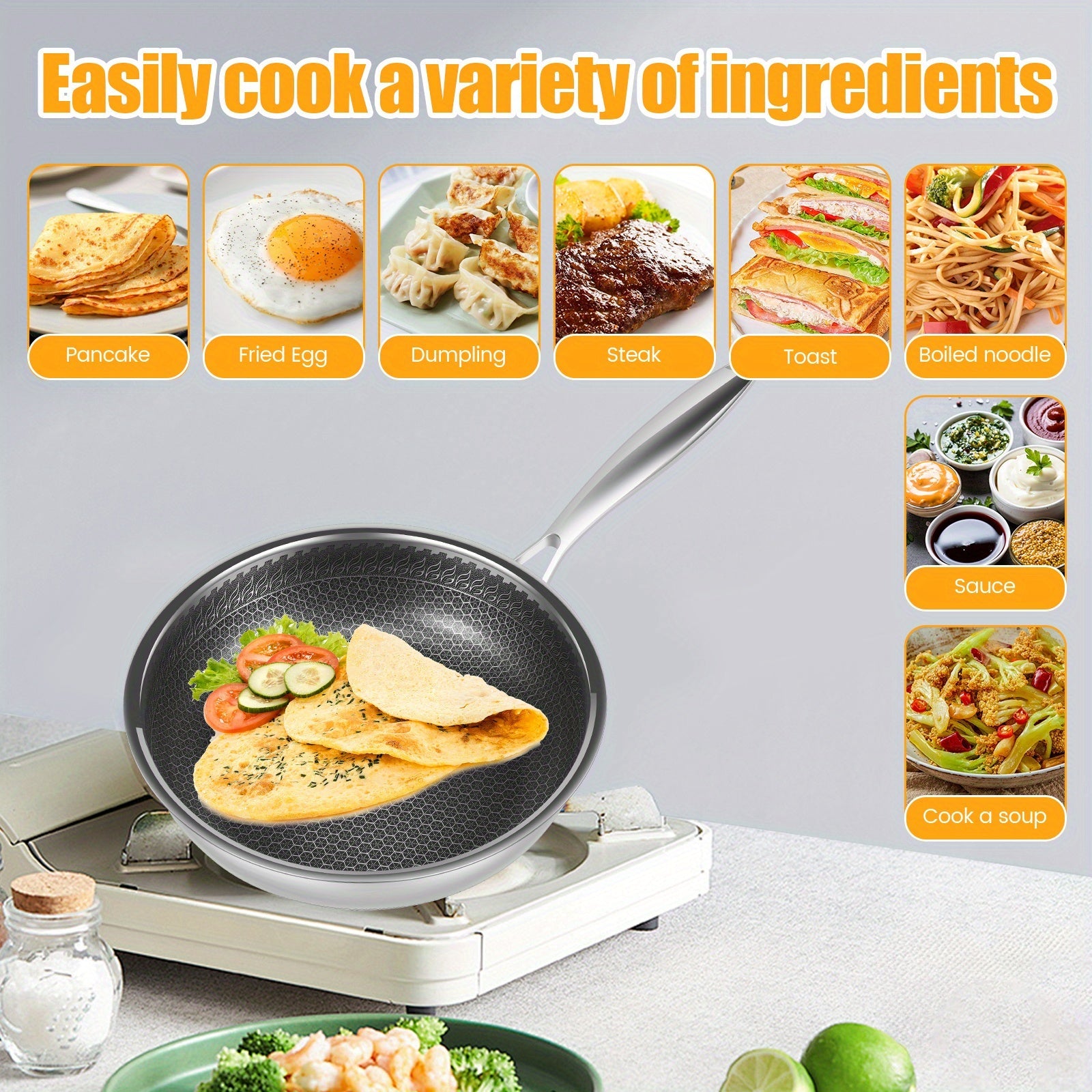 Stainless Steel Frying Pan with Lid 25.4cm Nonstick Induction Compatible
