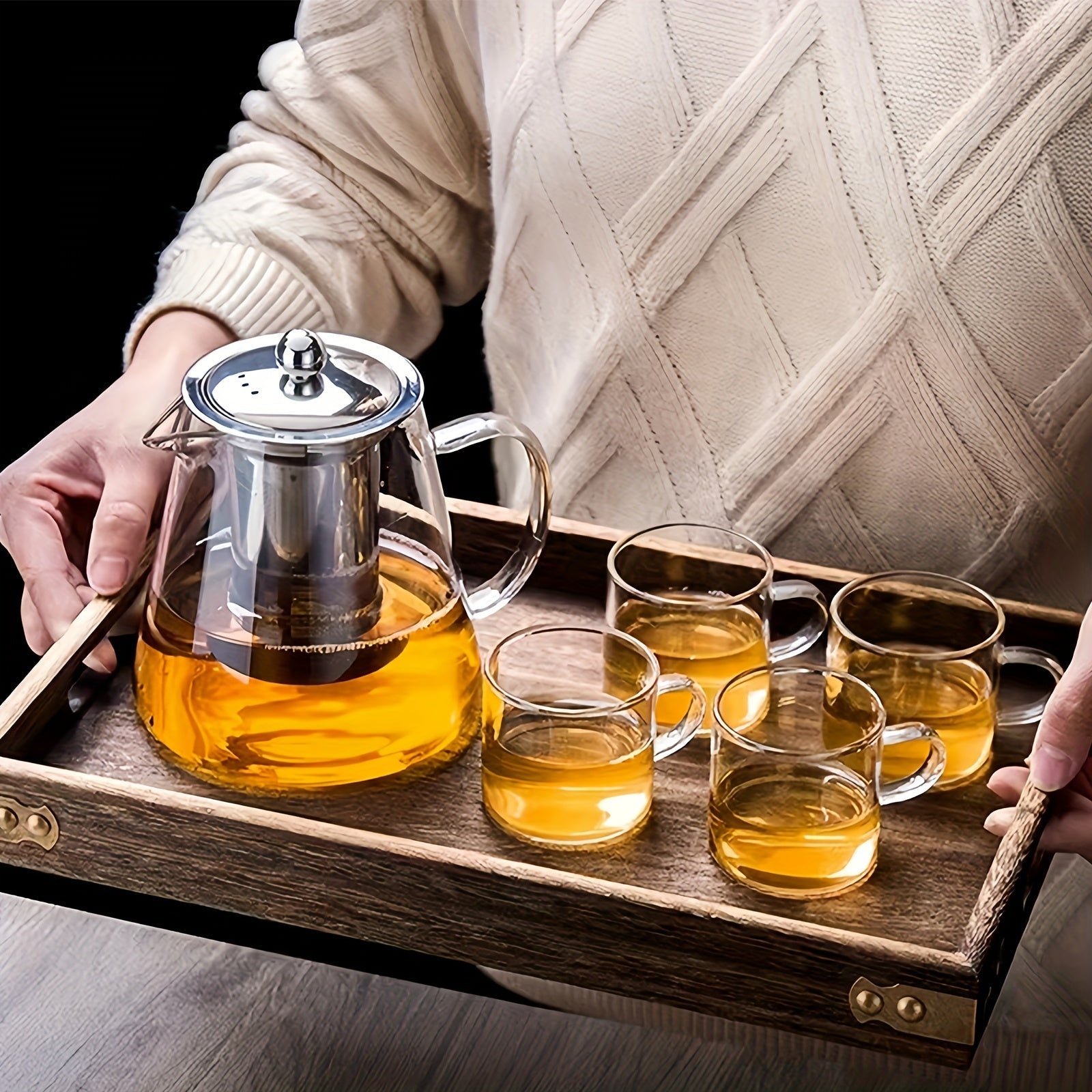 Tetera de vidrio de 450ml con infusor de acero inoxidable y doble filtro para té de hojas sueltas