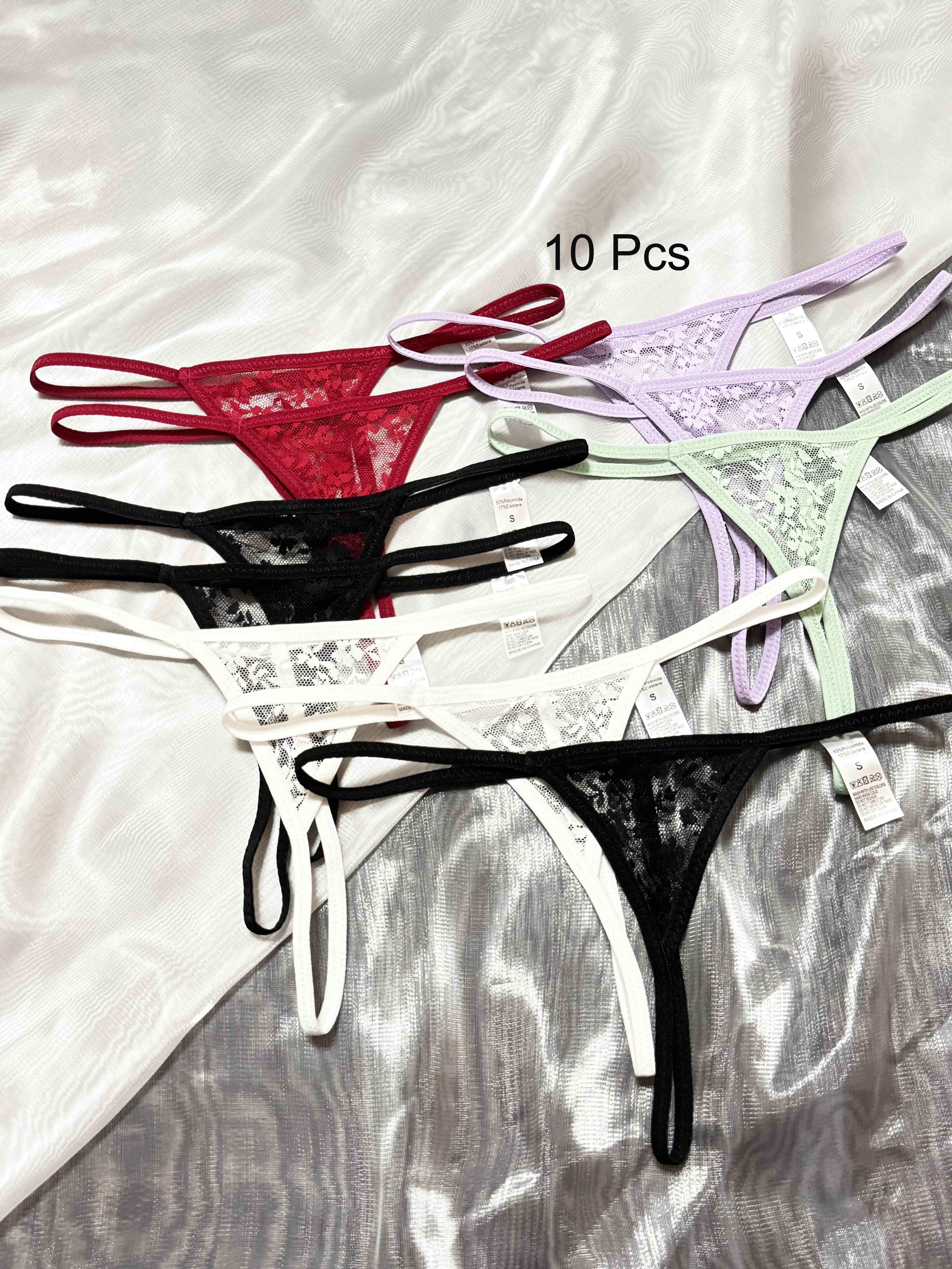10-Pack Women's Lace Thong Panties Low-Rise Polyamide Transparent Triangle Solid Color