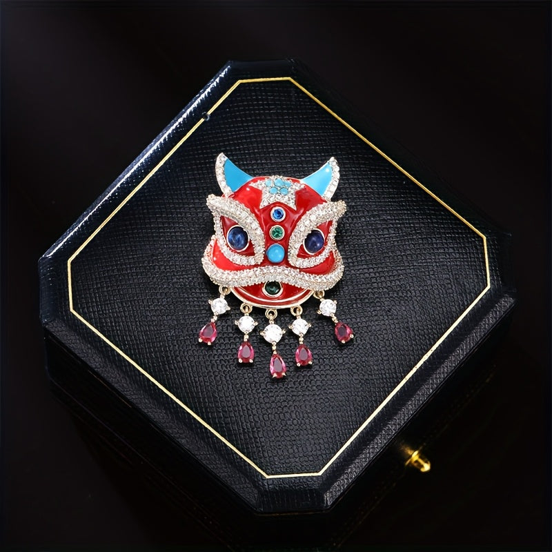 Vintage Chinese Lion Brooch with Glass Rhinestones Animal Lapel Pin Jewelry