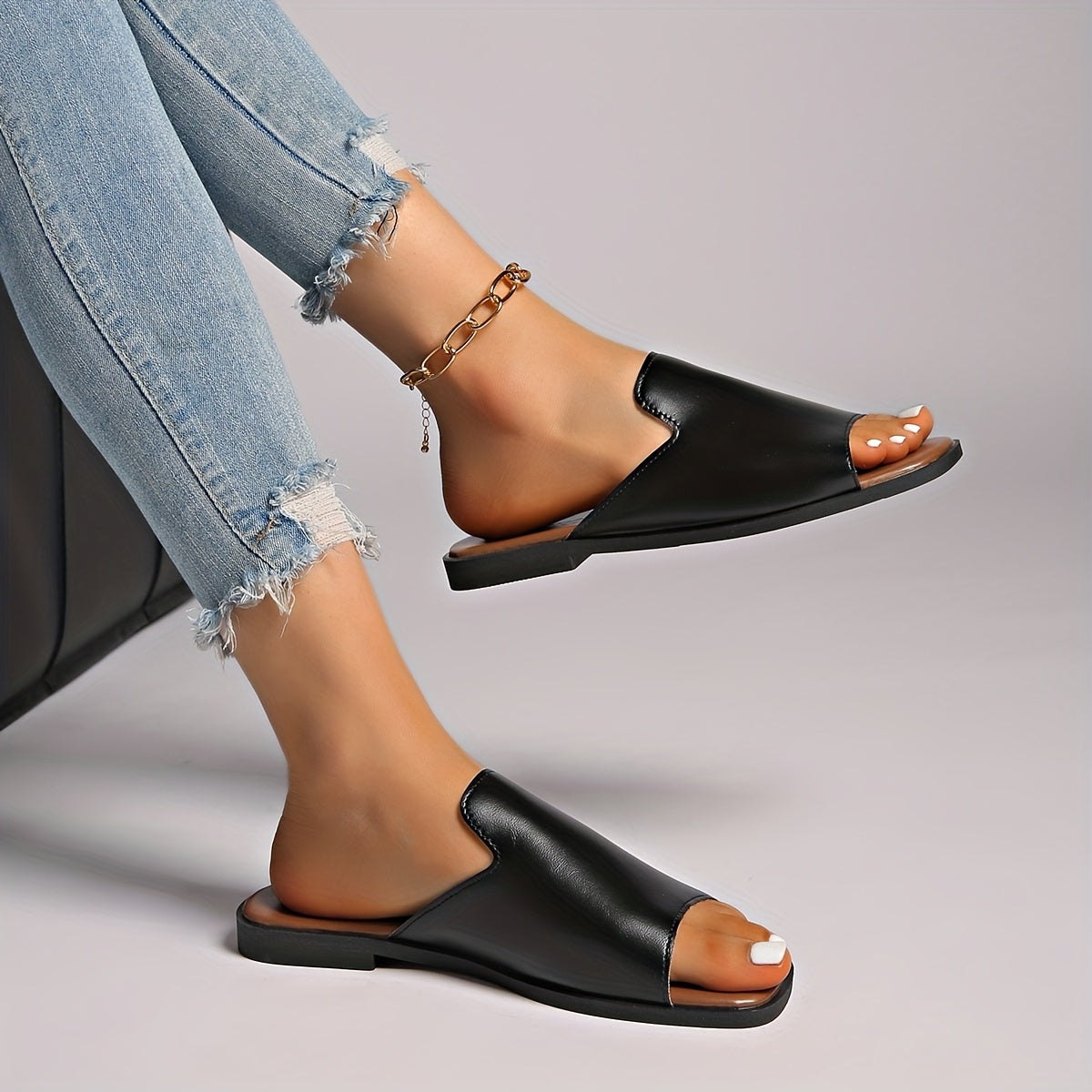 Women's Summer Flat Sandals Black Faux Cover Tan Sole Slip-On Arch Support