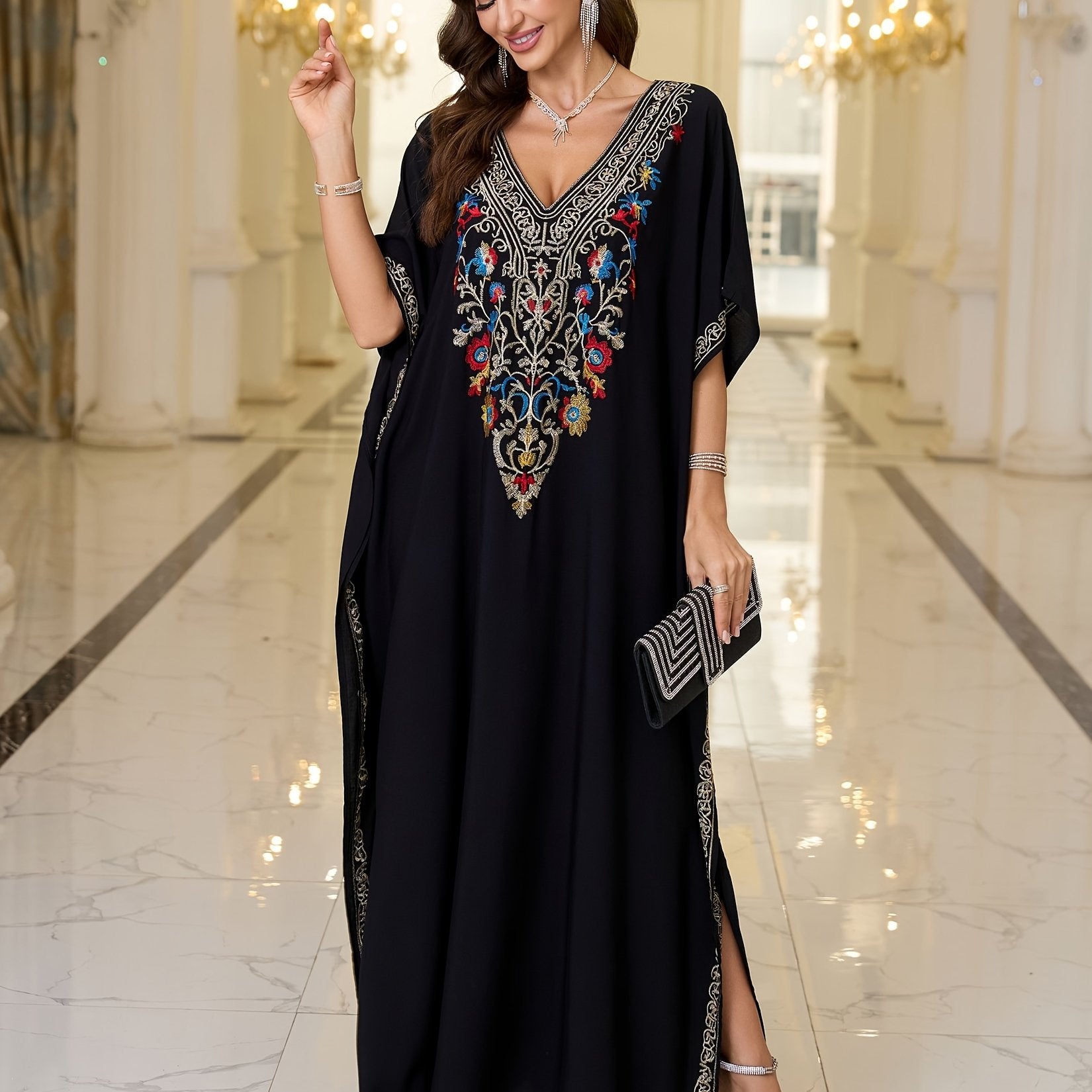 Women's Colorful Embroidered Bat-Sleeve Beach Cover-Up Dress