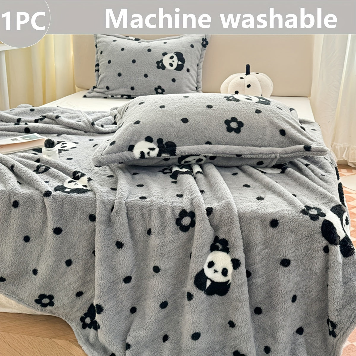 Flannel Bed Blanket Reversible Panda Pattern Soft Polyester All-Season 320gsm