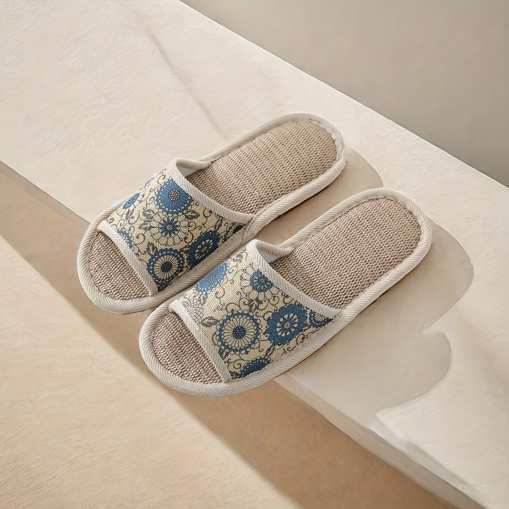 Women Flower Pattern Slippers Open Toe Linen Indoor Shoes