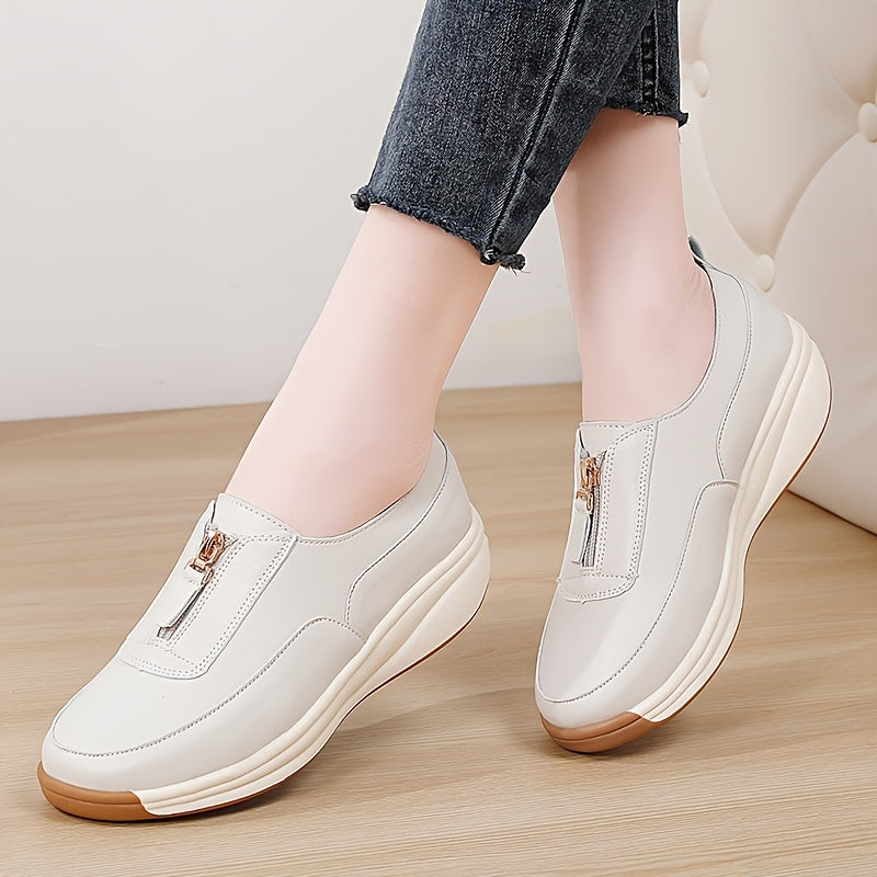 Women’s Zipper Sneakers White Brown Two-Tone Casual Shoes