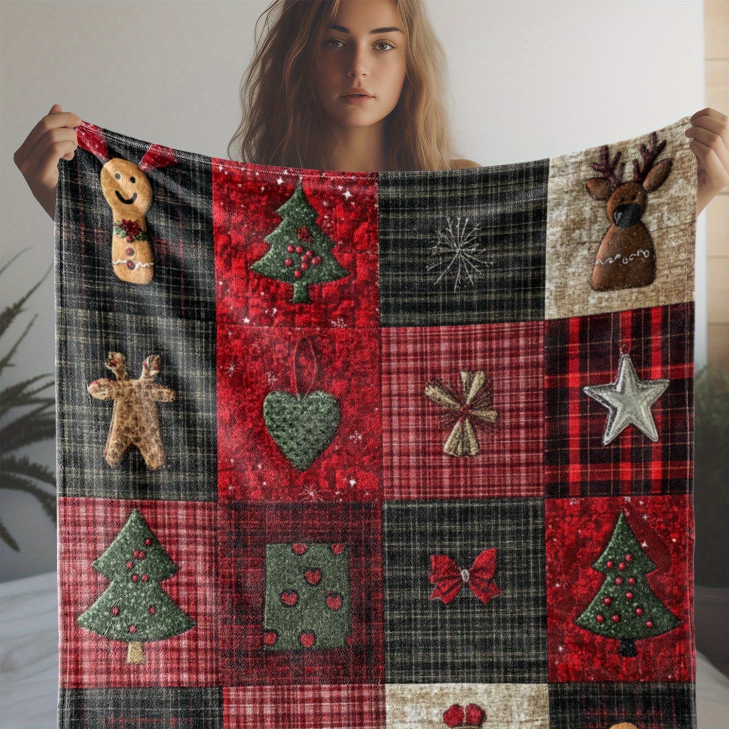 Christmas Themed Knitted Polyester Flannel Blanket with Stars Gingerbread Men and Trees