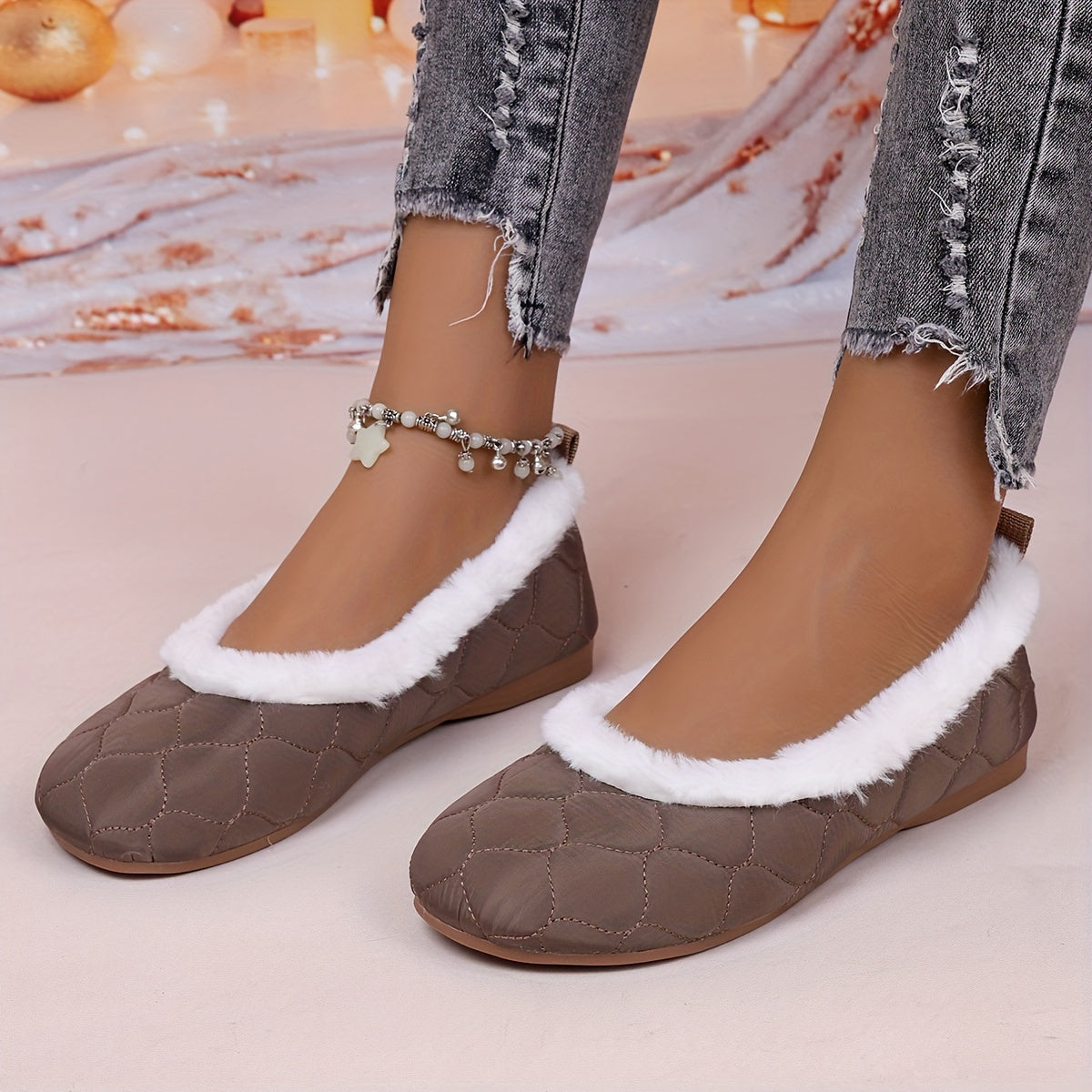 Plus-Size Women's Faux Fur Lined Mary Jane Flats Brown Beige White Winter Indoor Shoes